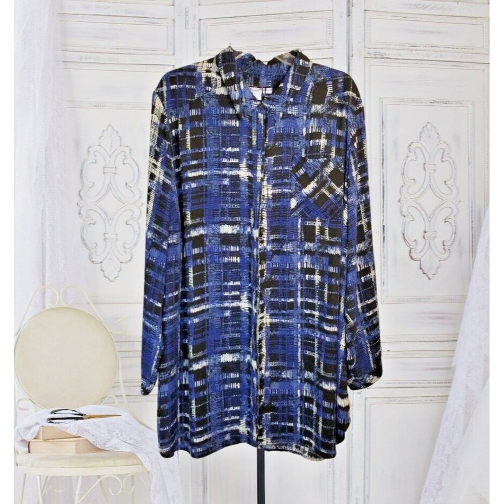Sejour Women's Blouse Geometric Button Front Long Sleeve Blue Black Size 22W